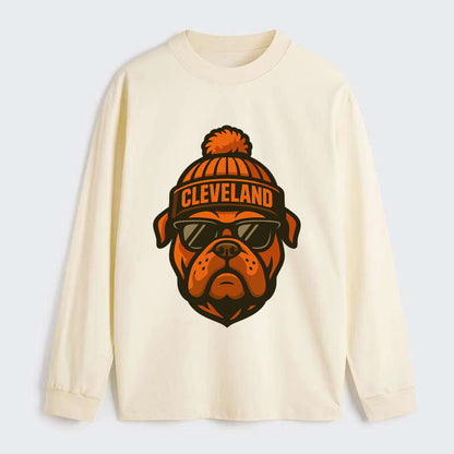 Cleveland Bulldog wearing Browns orange and brown beanie with pom pom - Classic Long Sleeve Shirt - Beige