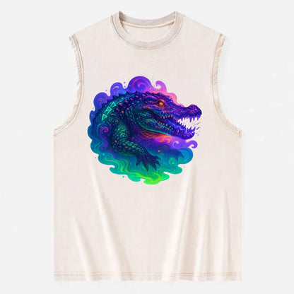Primordial crocodile with scales pulsing plasma energy in green and purple, - Vintage Washed Tank - Beige