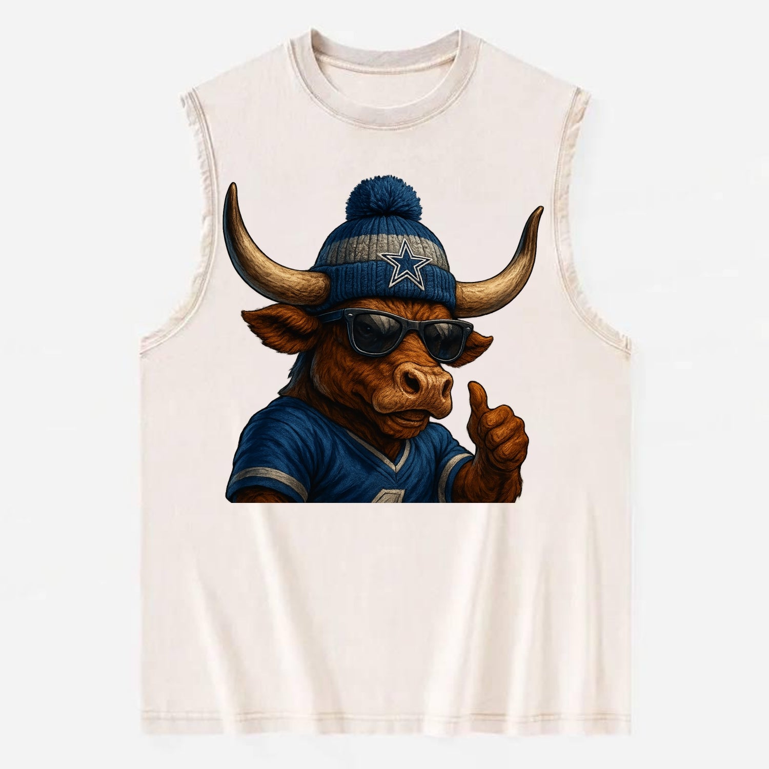 Texas Longhorn wearing Cowboys silver and blue beanie with star and wayfarer - Vintage Washed Tank - Beige