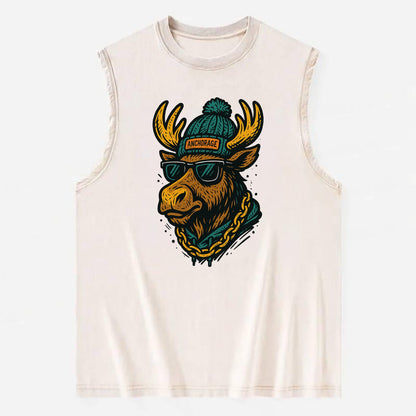 Alaska Moose wearing Anchorage beanie with pom pom and wayfarer sunglasses - Vintage Washed Tank - Beige