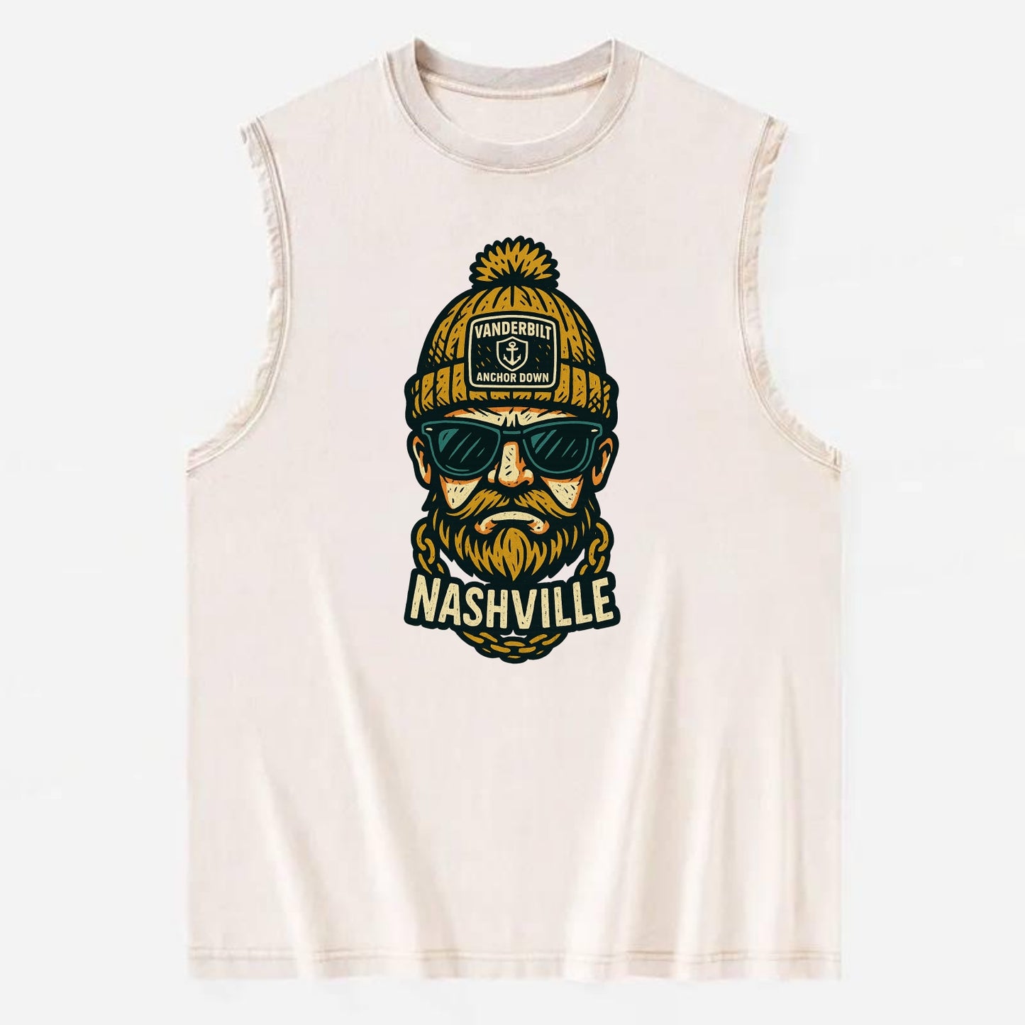 Nashville Commodore wearing Vanderbilt beanie with anchor patch - Vintage Washed Tank - Beige