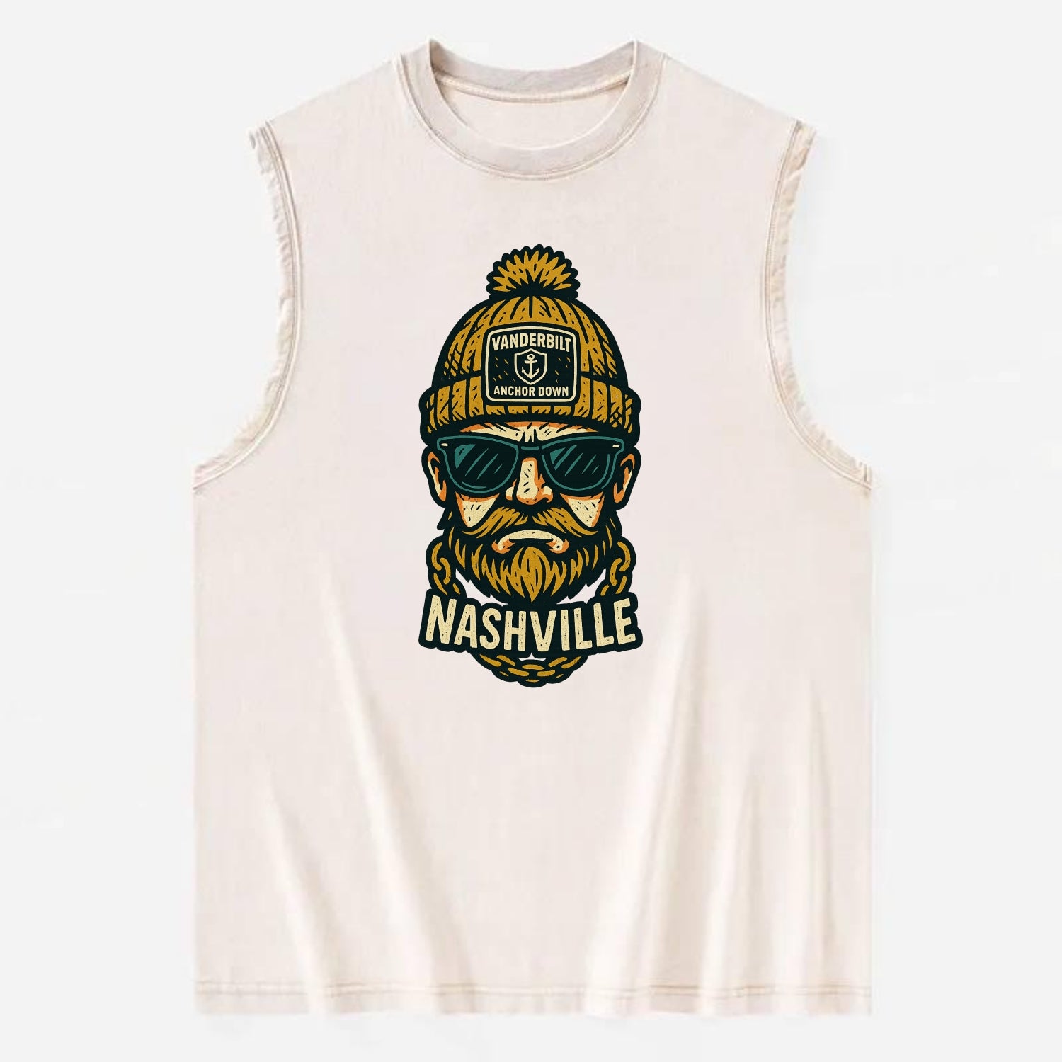 Nashville Commodore wearing Vanderbilt beanie with anchor patch - Vintage Washed Tank - Beige