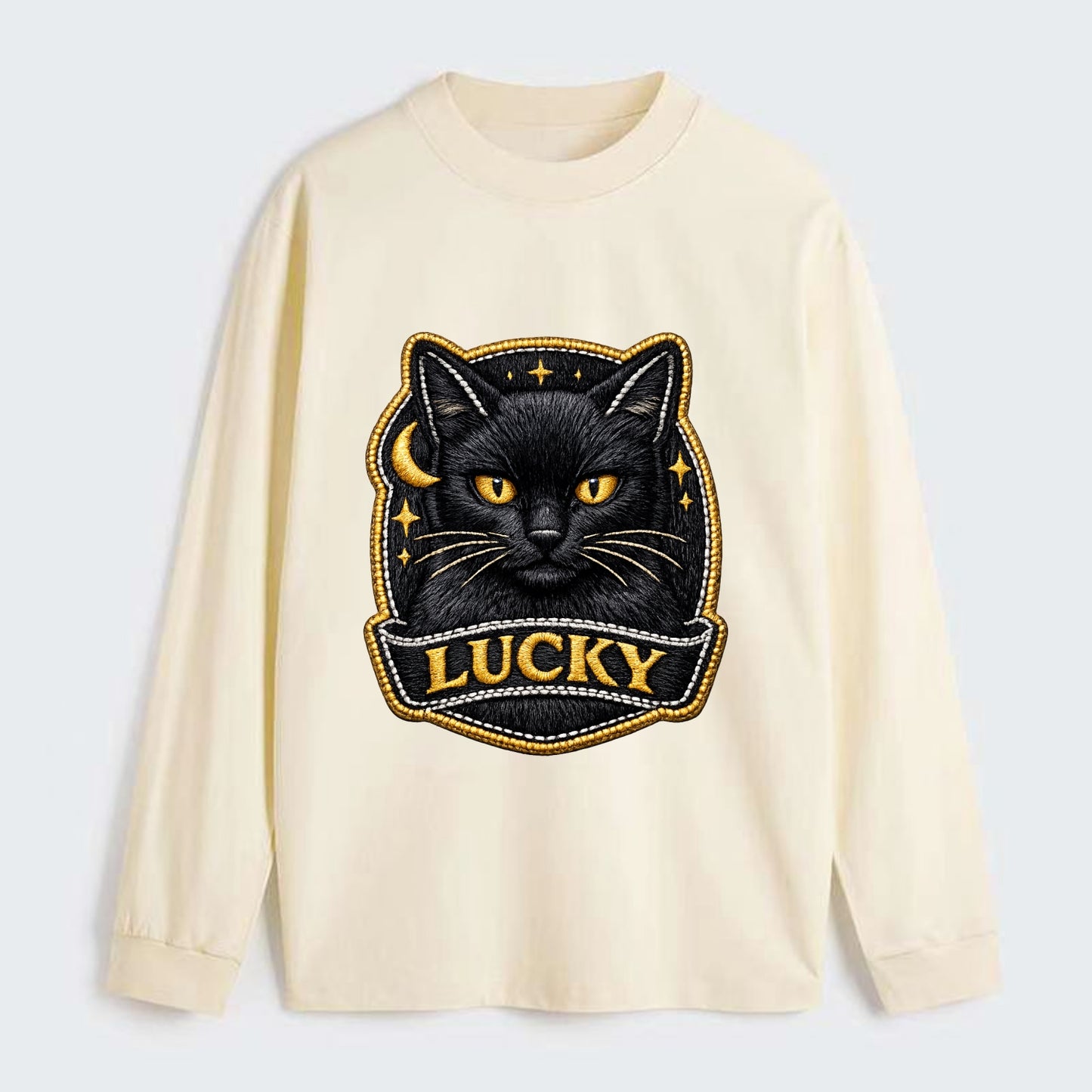 BLACK CAT LUCKY - sleek black cat with gold eyes in black , mysterious - Classic Long Sleeve Shirt - Beige