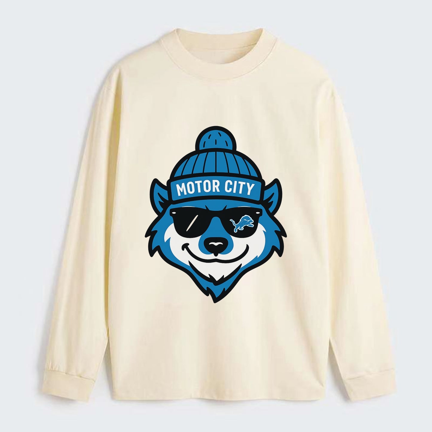Motor City Wolverine wearing Lions beanie with gear patch and wayfarer - Classic Long Sleeve Shirt - Beige