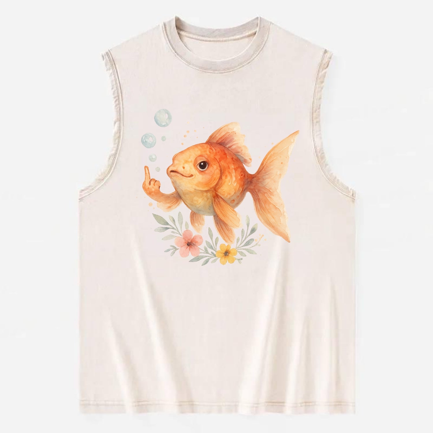 chubby goldfish blowing bubbles, one fin extended like middle finger - Vintage Washed Tank - Beige