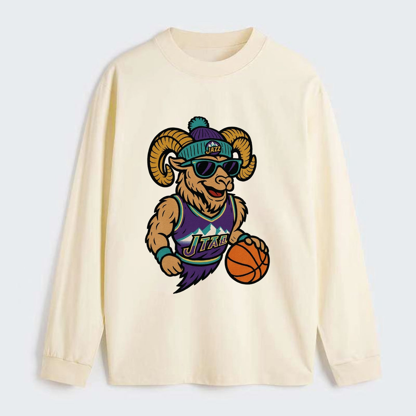 Utah Bighorn wearing Jazz beanie with mountain melody patch and - Classic Long Sleeve Shirt - Beige