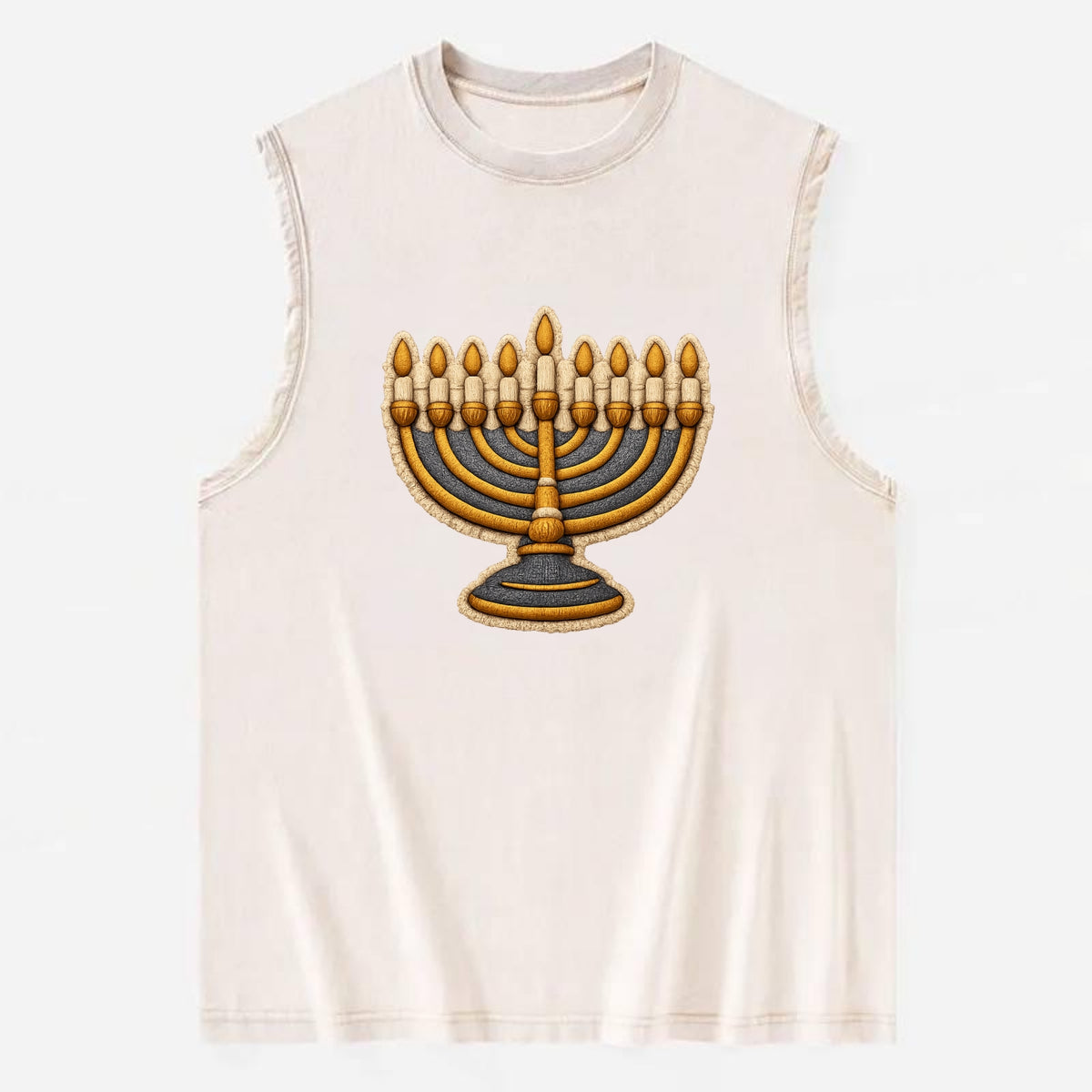 MENORAH LIGHTS - nine branch candelabra in gold and blue , Hanukkah - Vintage Washed Tank - Beige
