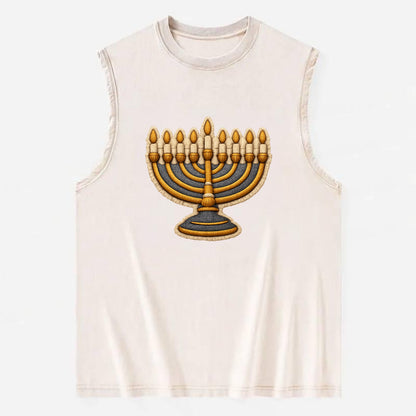 MENORAH LIGHTS - nine branch candelabra in gold and blue , Hanukkah - Vintage Washed Tank - Beige