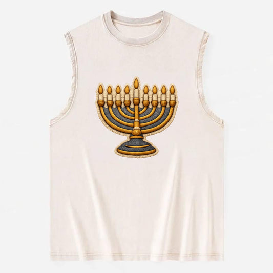 MENORAH LIGHTS - nine branch candelabra in gold and blue , Hanukkah - Vintage Washed Tank - Beige