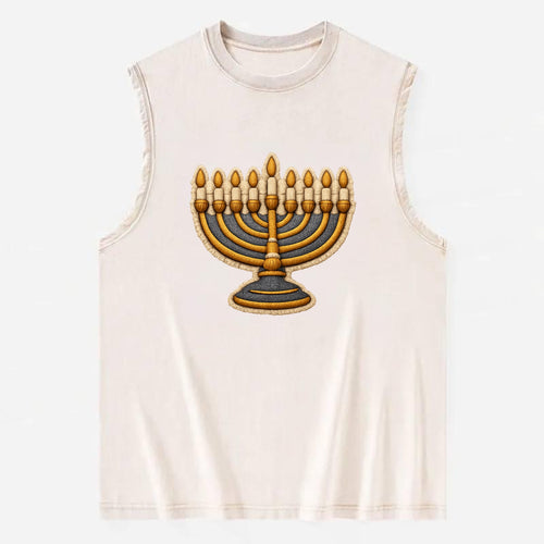 MENORAH LIGHTS - nine branch candelabra in gold and blue , Hanukkah - Vintage Washed Tank