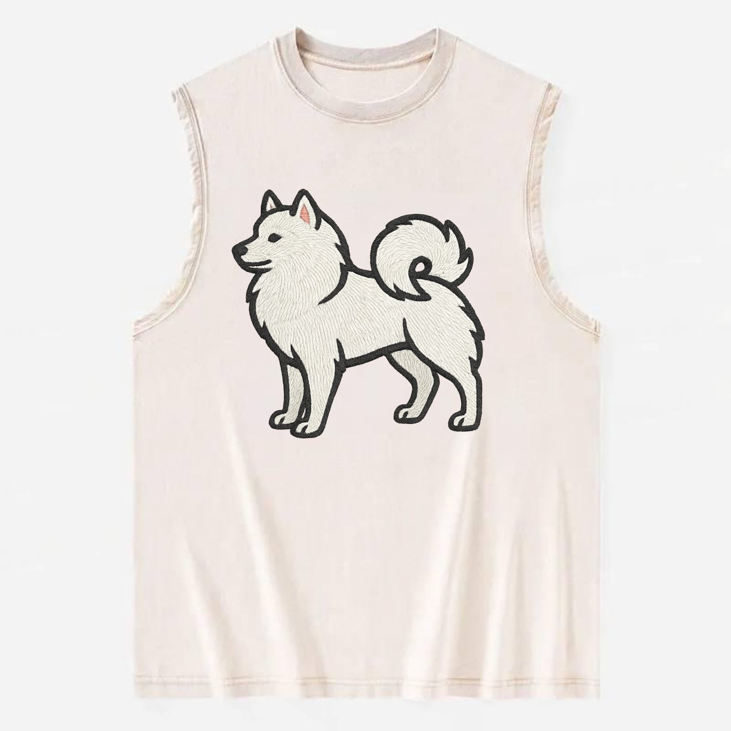 American Eskimo Dog - White spitz embroidered standing design - Vintage Washed Tank - Beige