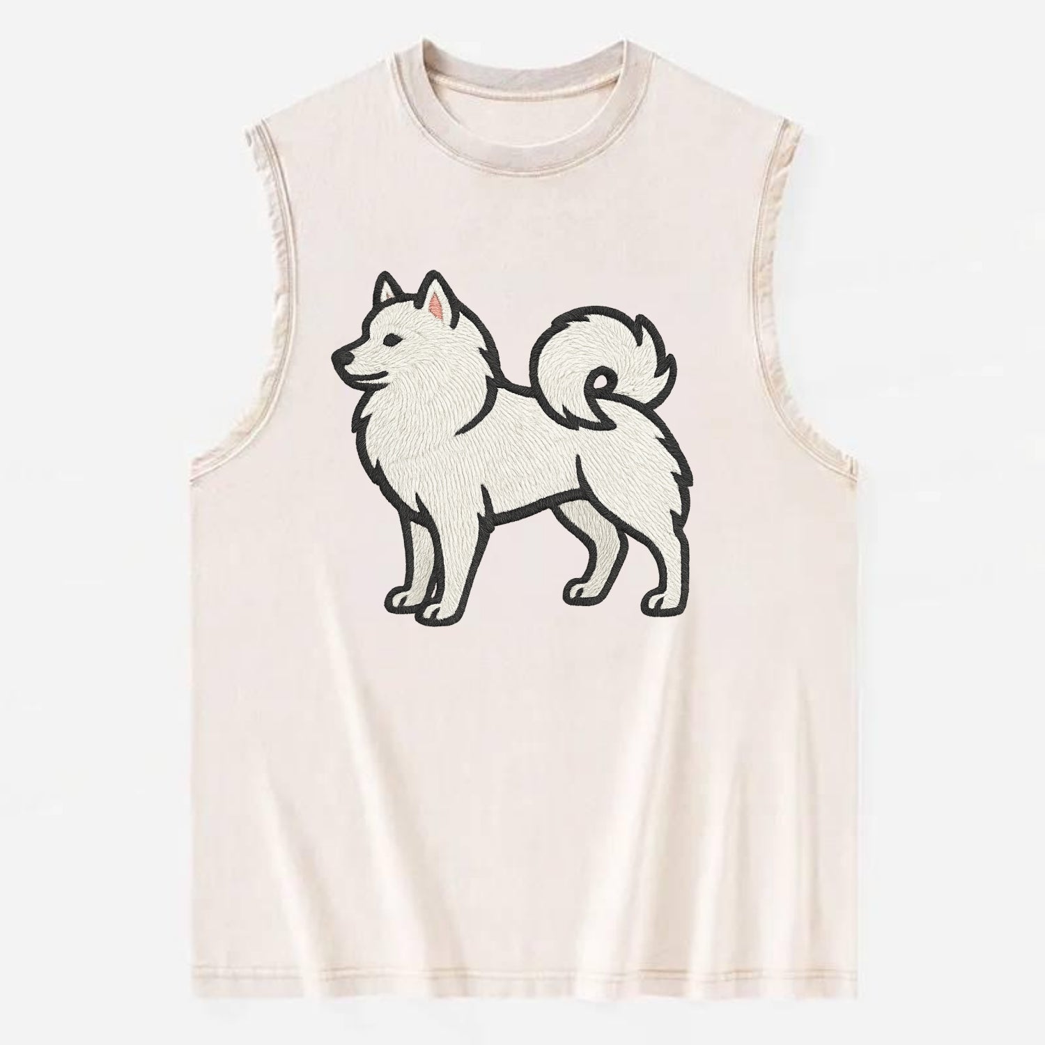 American Eskimo Dog - White spitz embroidered standing design - Vintage Washed Tank - Beige