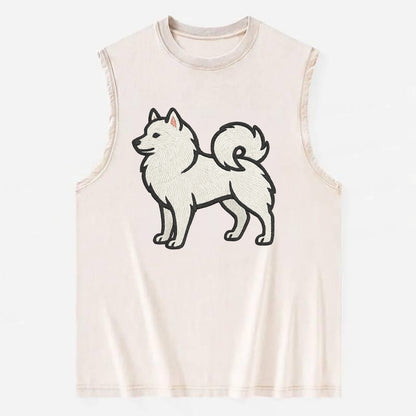 American Eskimo Dog - White spitz embroidered standing design - Vintage Washed Tank - Beige