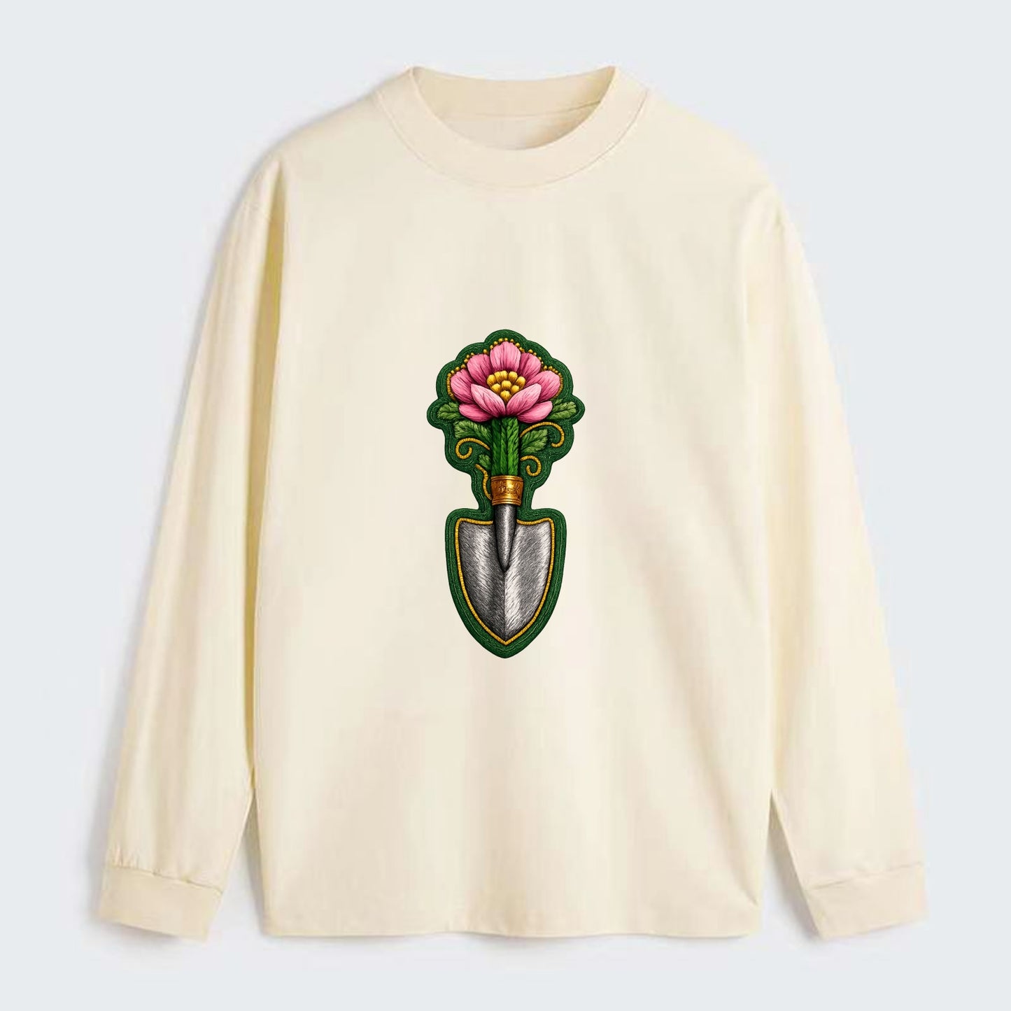 Embroidered patch design - GARDENING TROWEL FLOWER - garden tool with - Classic Long Sleeve Shirt - Beige