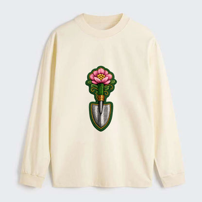 Embroidered patch design - GARDENING TROWEL FLOWER - garden tool with - Classic Long Sleeve Shirt - Beige