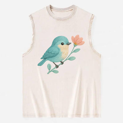 Aqua Chickadee - Vintage Washed Tank - Beige