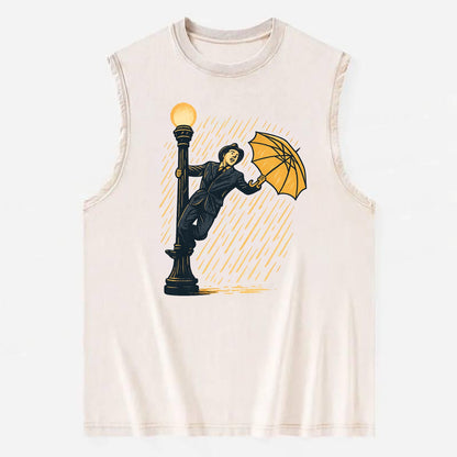 joyful dancing on lamppost in heavy rain with big smile - Vintage Washed Tank - Beige