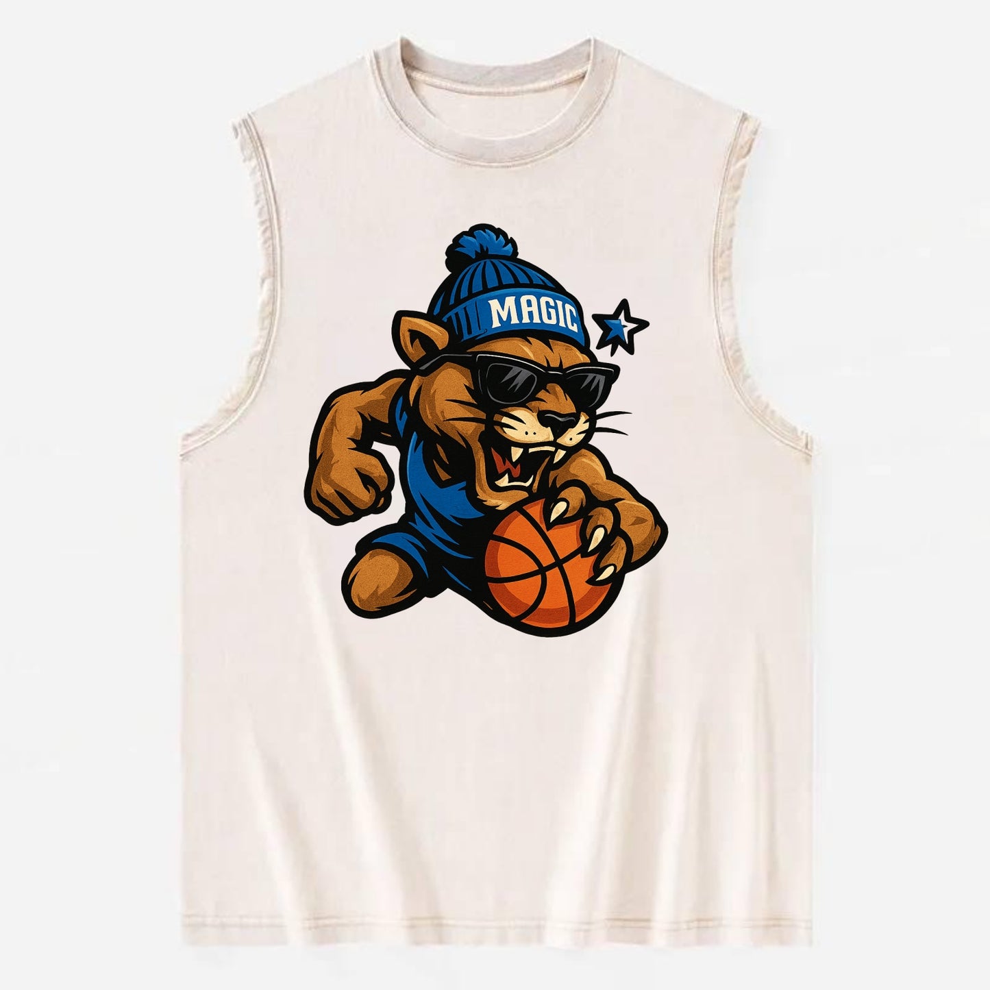 Florida Panther wearing Magic beanie with star wand patch and wayfarer - Vintage Washed Tank - Beige