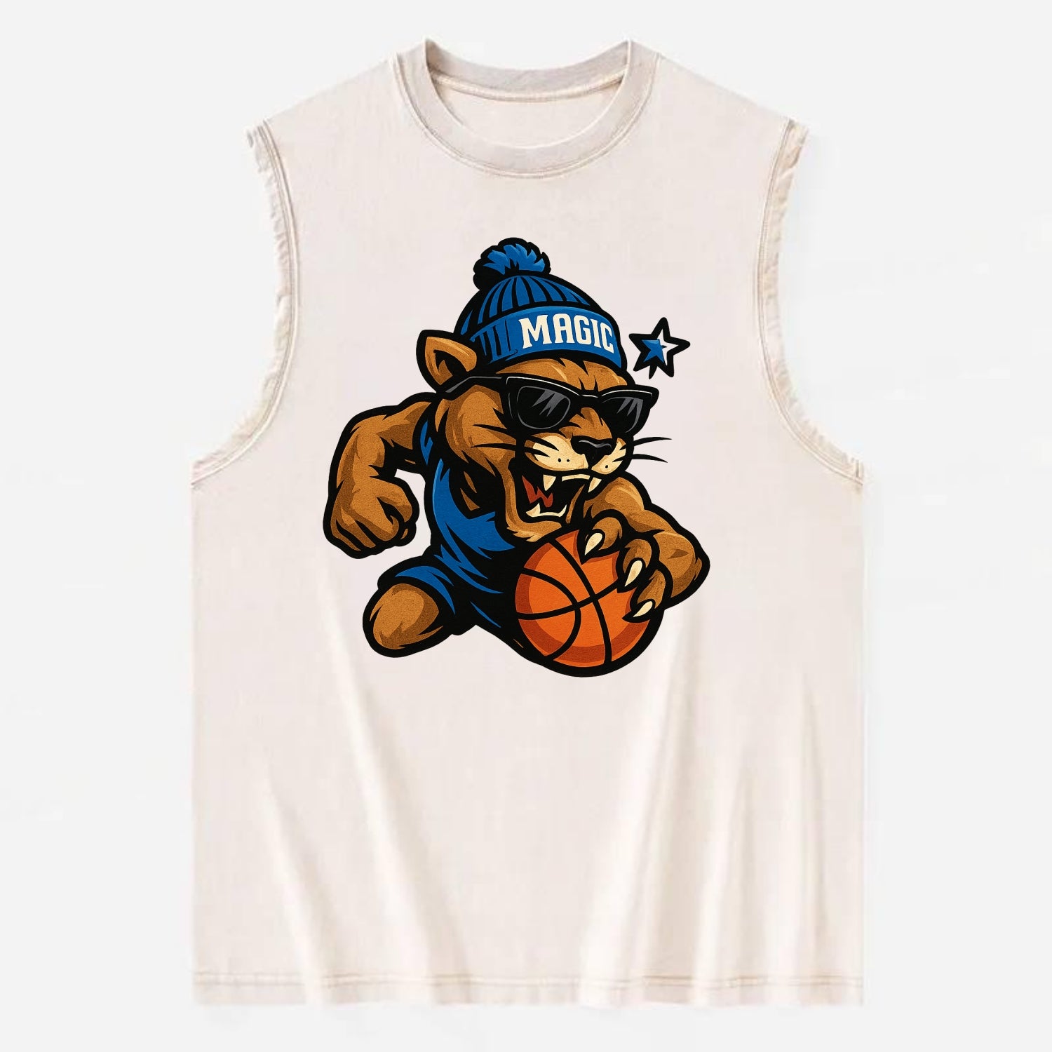 Florida Panther wearing Magic beanie with star wand patch and wayfarer - Vintage Washed Tank - Beige