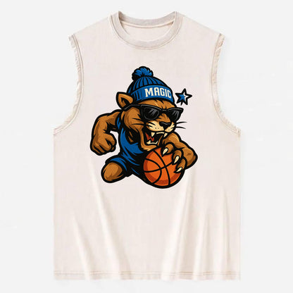 Florida Panther wearing Magic beanie with star wand patch and wayfarer - Vintage Washed Tank - Beige