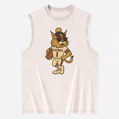 Minneapolis Lynx wearing Vikings beanie with Norse patch and wayfarer - Vintage Washed Tank - Beige