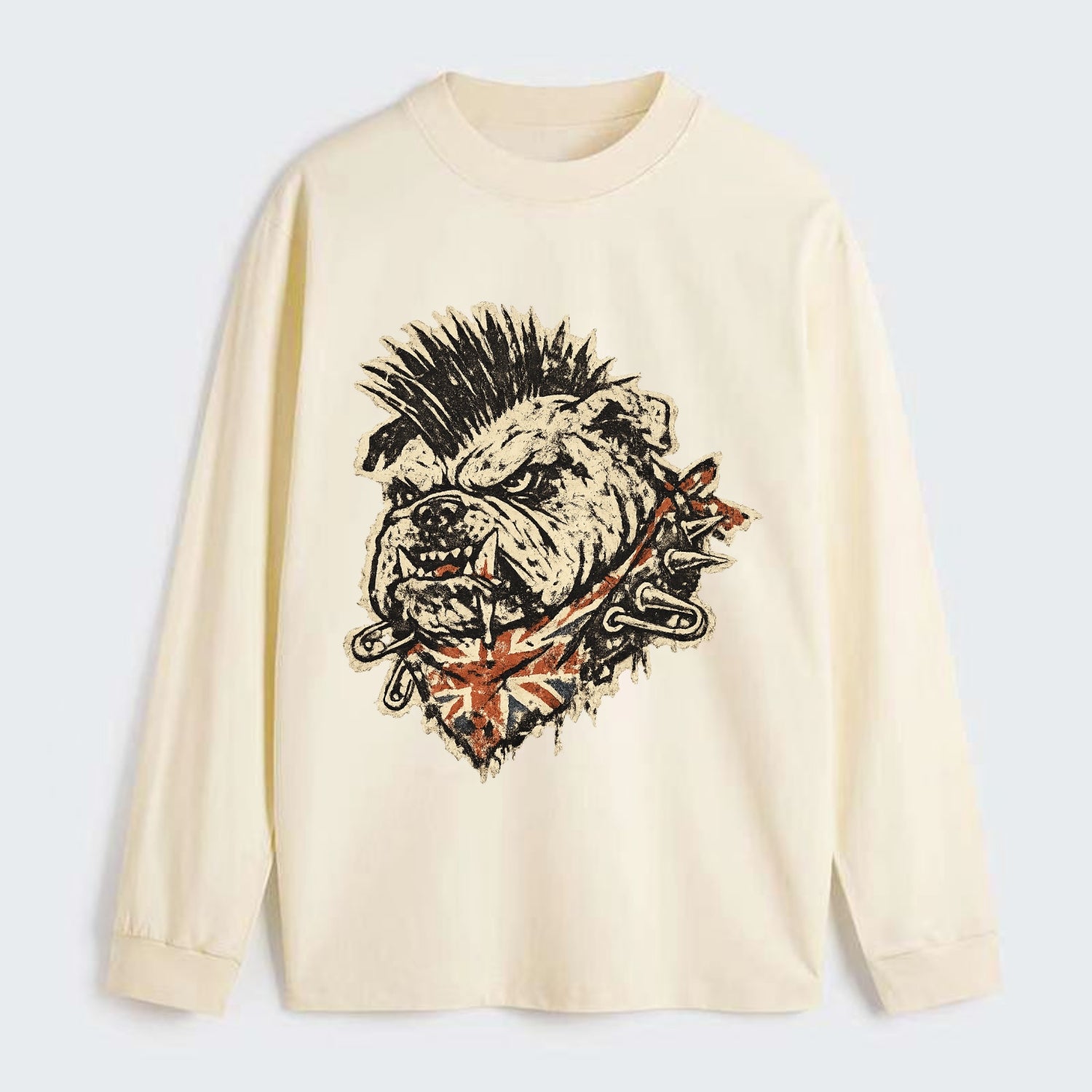 PUNK BULLDOG | British bulldog with mohawk | Safety pins through collar - Classic Long Sleeve Shirt - Beige