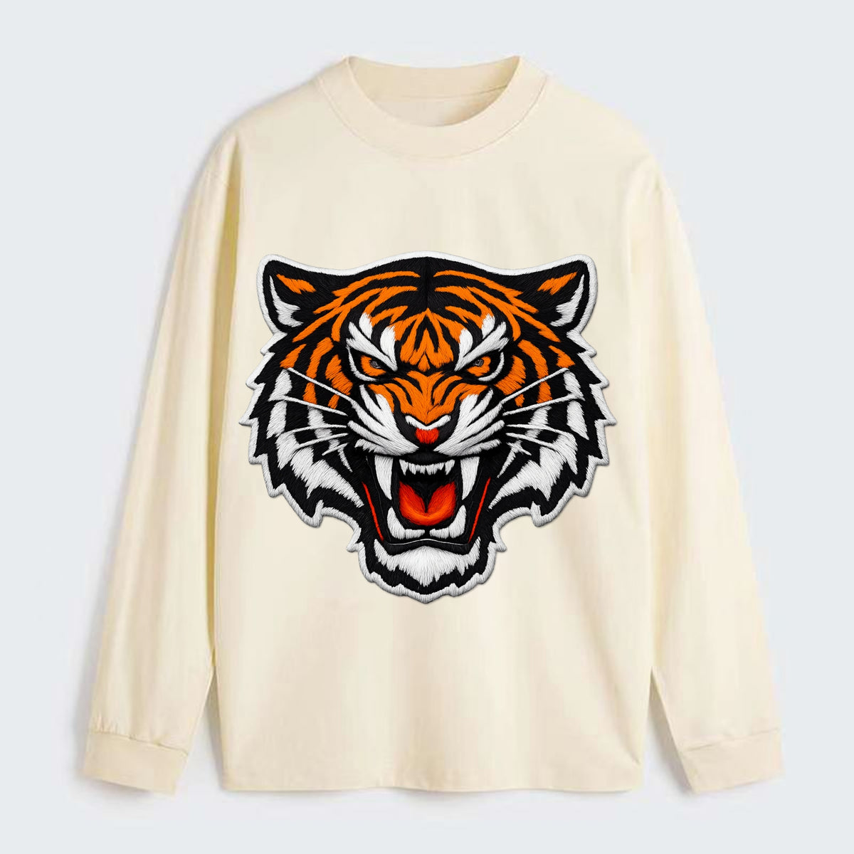 TIGER STRIPES FACE - fierce tiger face in orange, black and white , - Classic Long Sleeve Shirt - Beige