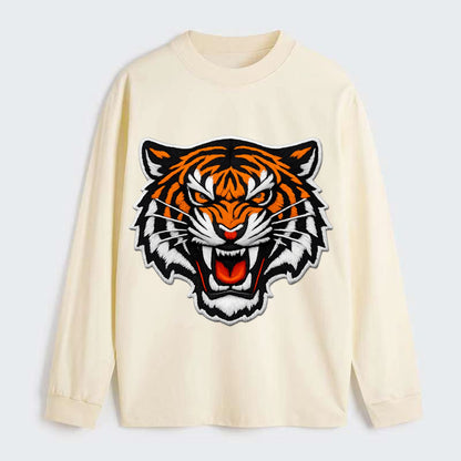 TIGER STRIPES FACE - fierce tiger face in orange, black and white , - Classic Long Sleeve Shirt - Beige