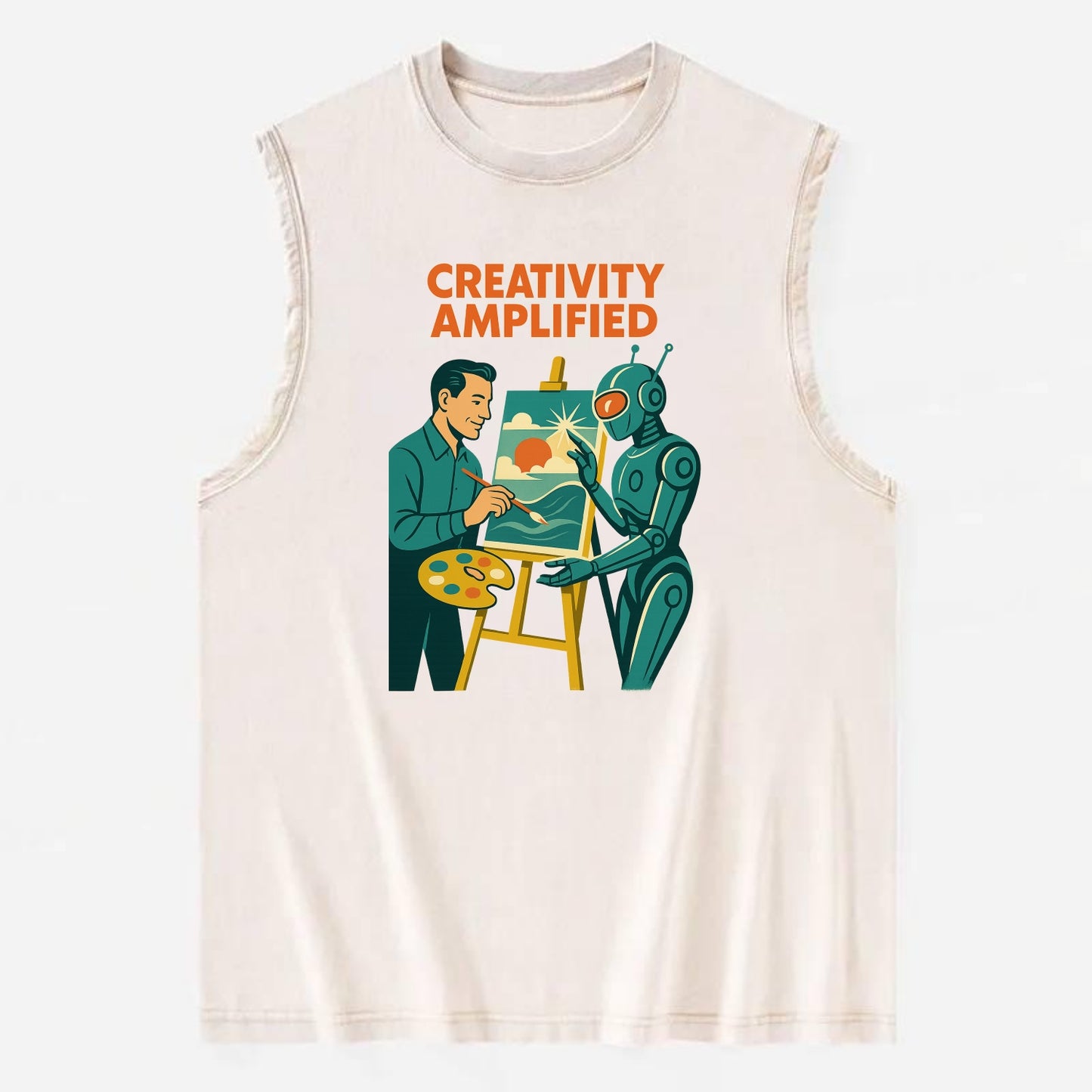 Artist and AI creating beautiful masterpiece together - "Creativity - Vintage Washed Tank - Beige