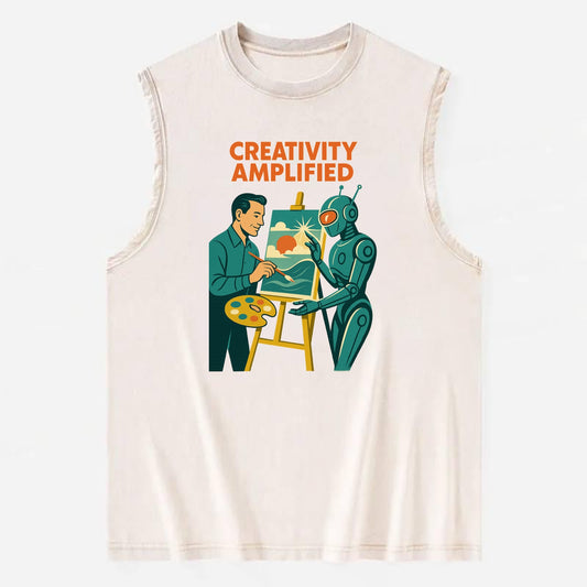 Artist and AI creating beautiful masterpiece together - "Creativity - Vintage Washed Tank - Beige
