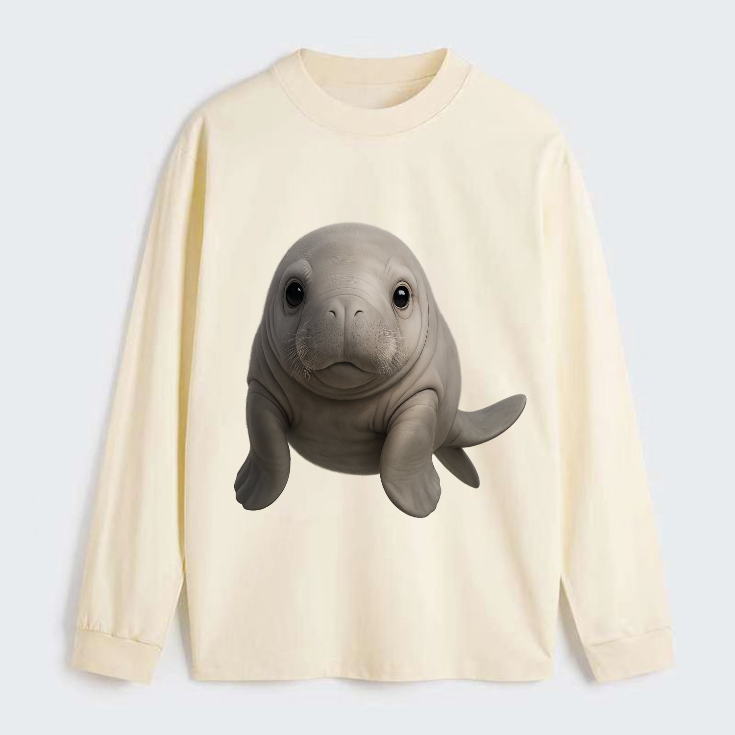 Baby Dugong - gray with paddle tail, gentle expression, whiskers, - Classic Long Sleeve Shirt - Beige