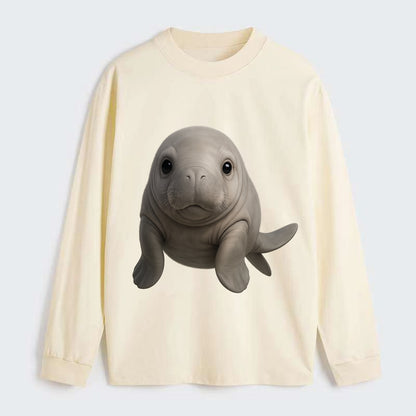 Baby Dugong - gray with paddle tail, gentle expression, whiskers, - Classic Long Sleeve Shirt - Beige