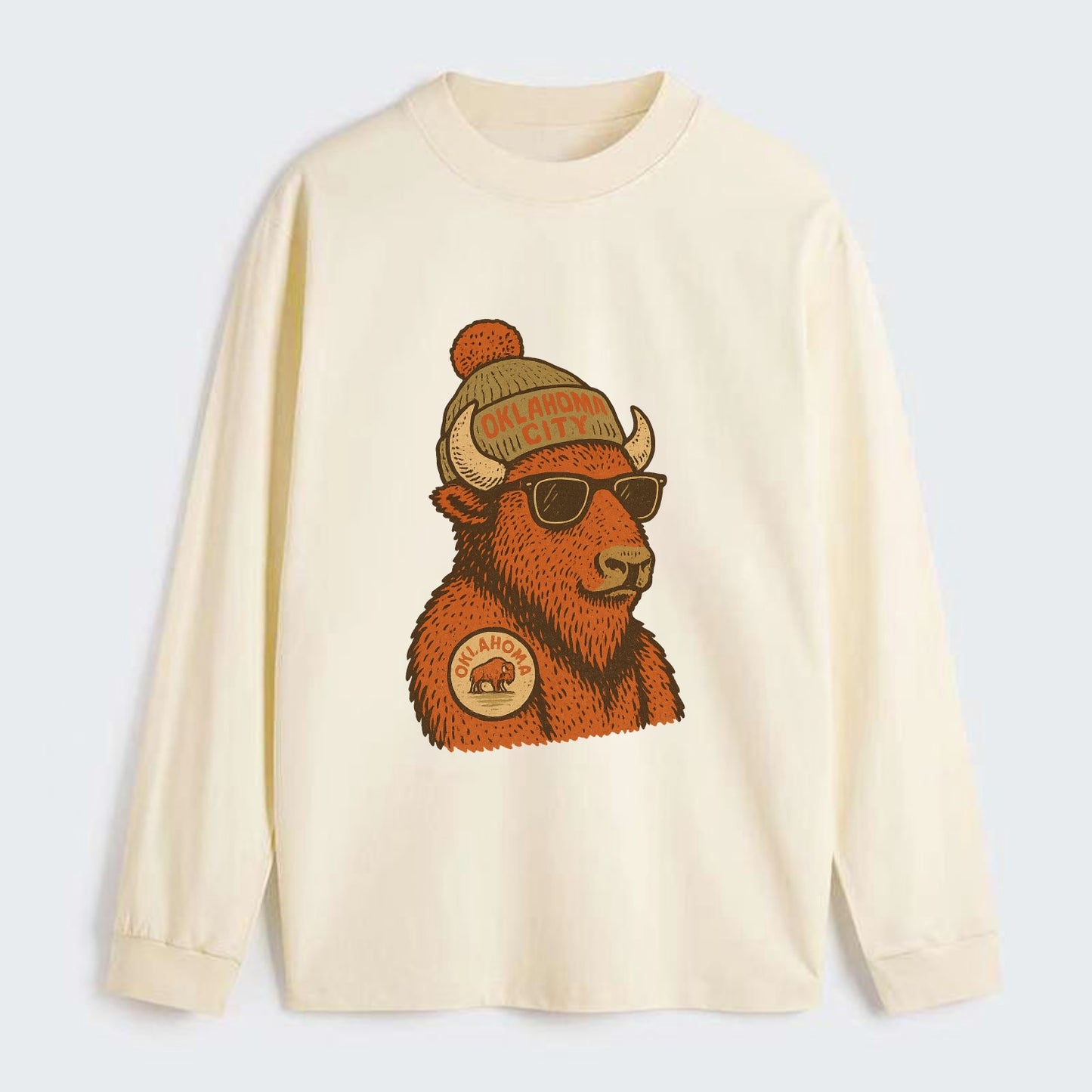 Oklahoma Buffalo wearing Oklahoma City beanie with pom pom and wayfarer - Classic Long Sleeve Shirt - Beige
