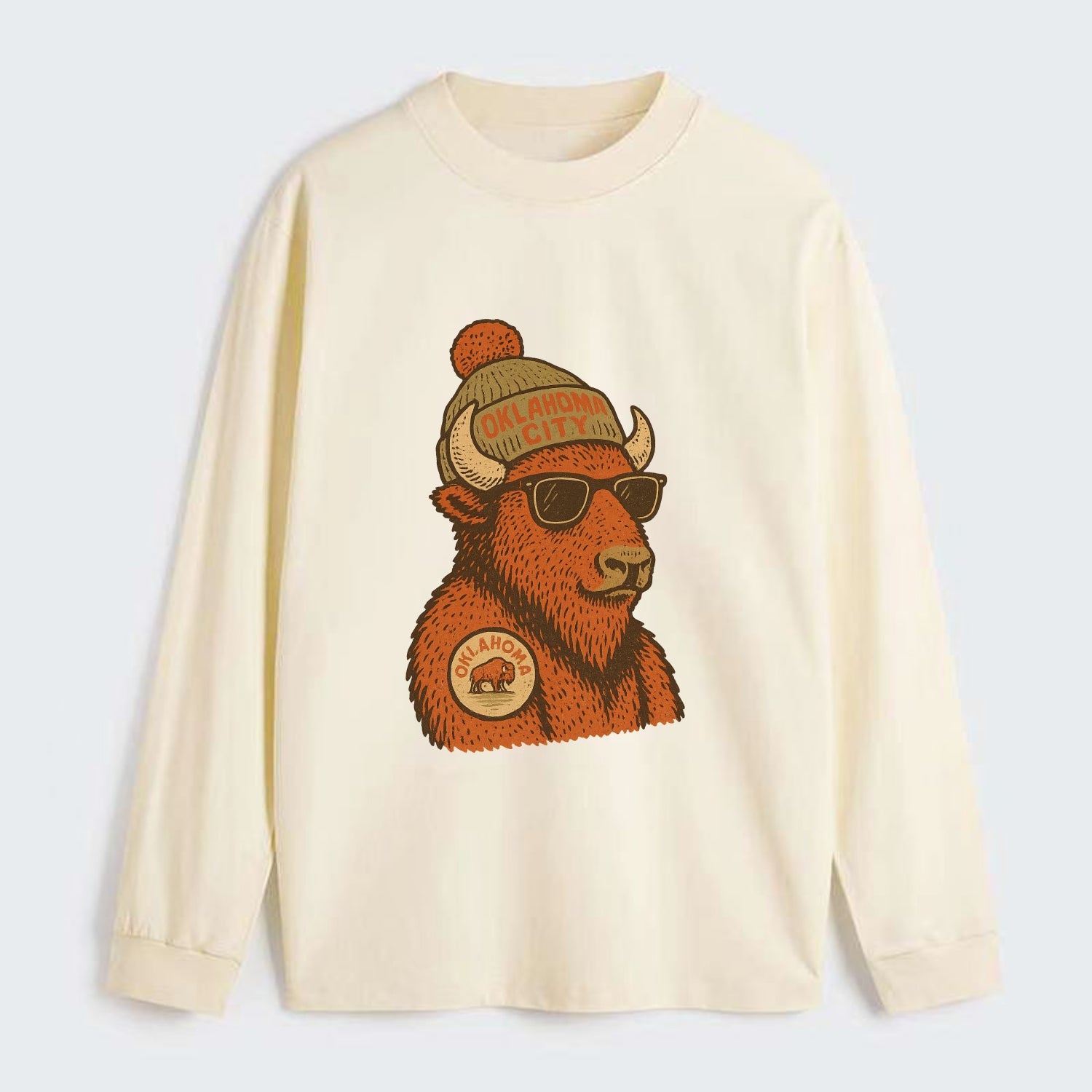 Oklahoma Buffalo wearing Oklahoma City beanie with pom pom and wayfarer - Classic Long Sleeve Shirt - Beige