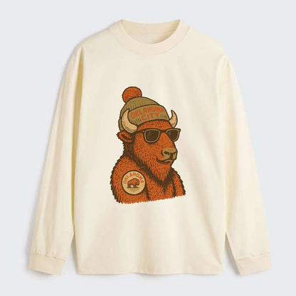 Oklahoma Buffalo wearing Oklahoma City beanie with pom pom and wayfarer - Classic Long Sleeve Shirt - Beige