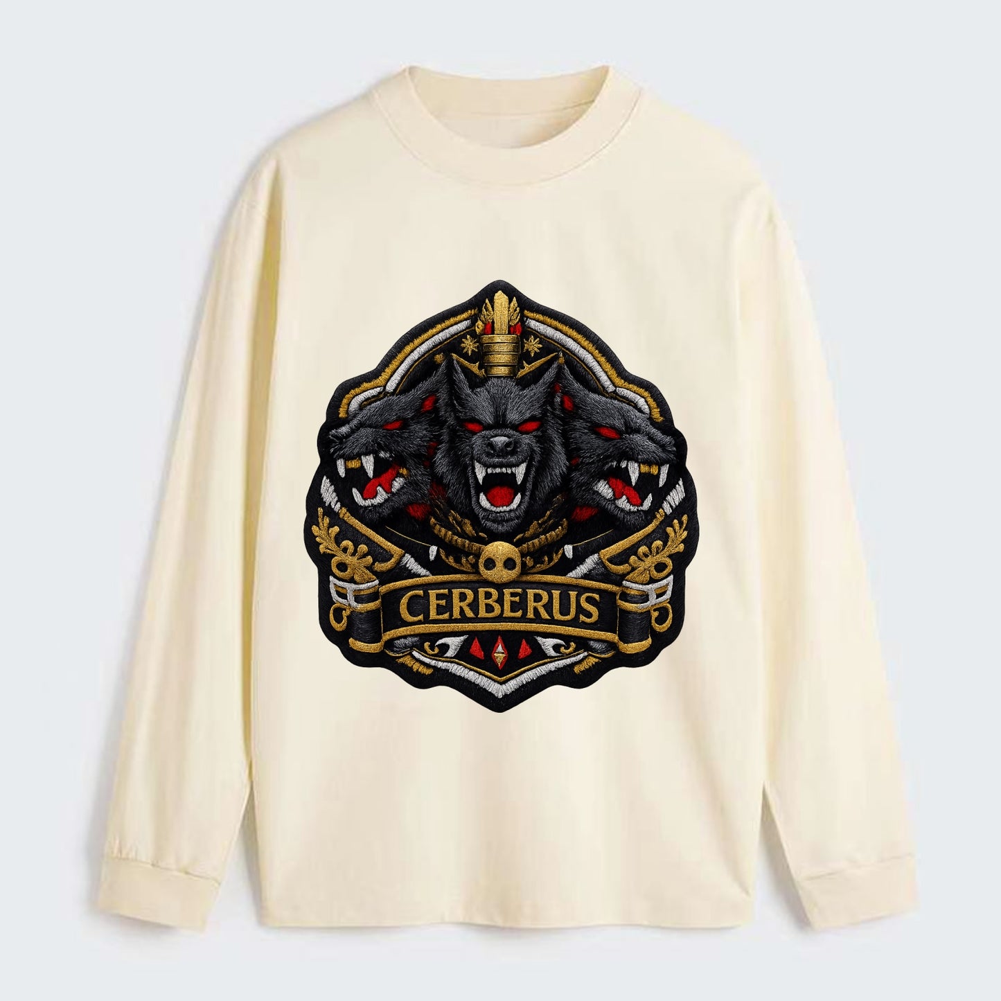 CERBERUS THREE HEADS - triple hound in black and red , underworld - Classic Long Sleeve Shirt - Beige