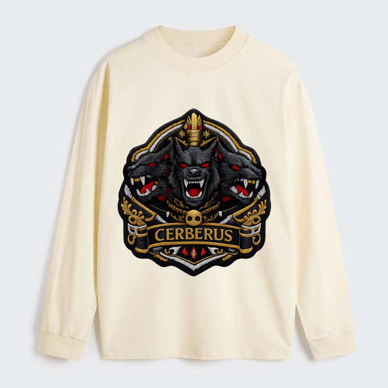 CERBERUS THREE HEADS - triple hound in black and red , underworld - Classic Long Sleeve Shirt - Beige