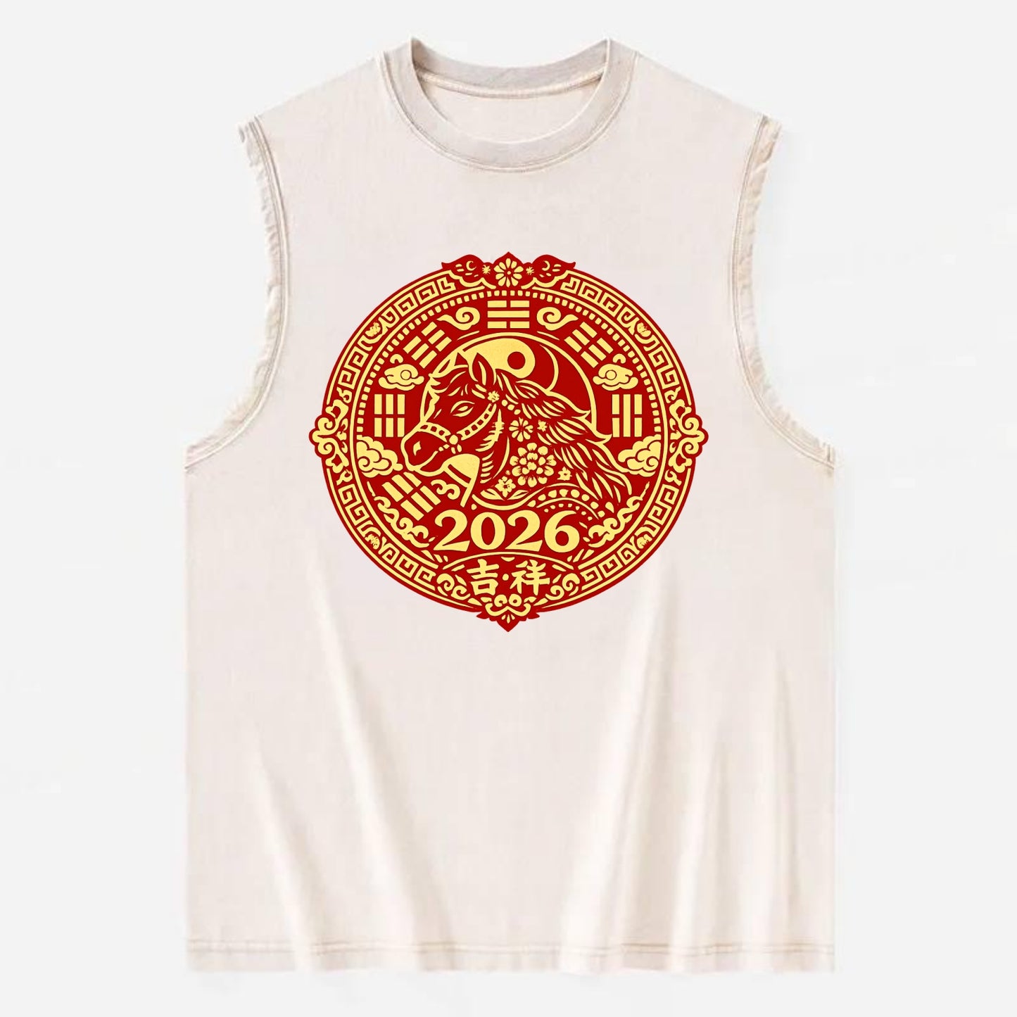 LUCKY HORSE MEDALLION | Circular medallion with horse profile | Intricate - Vintage Washed Tank - Beige