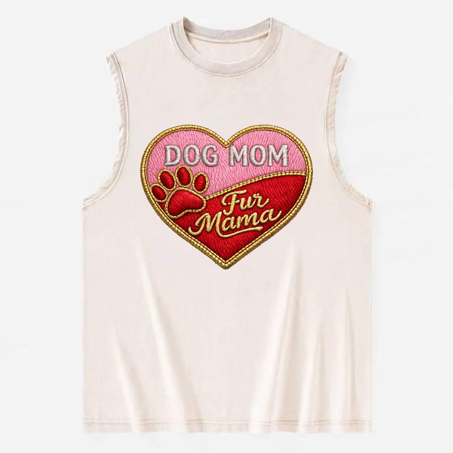 DOG MOM HEART - heart with paw print in pink and red , fur mama - Vintage Washed Tank - Beige