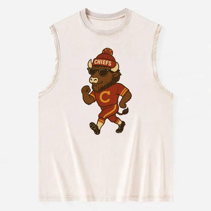 KC Bison wearing Chiefs beanie with arrowhead patch and wayfarer sunglasses - Vintage Washed Tank - Beige