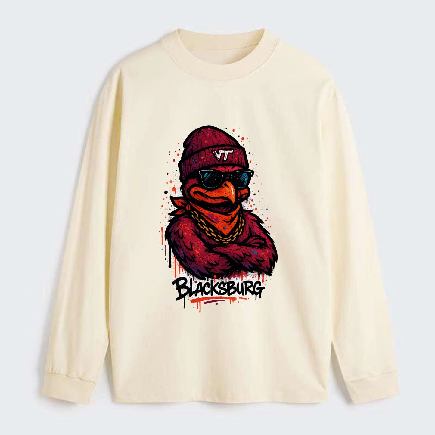 Blacksburg HokieBird wearing Virginia Tech beanie with VT patch - Classic Long Sleeve Shirt - Beige