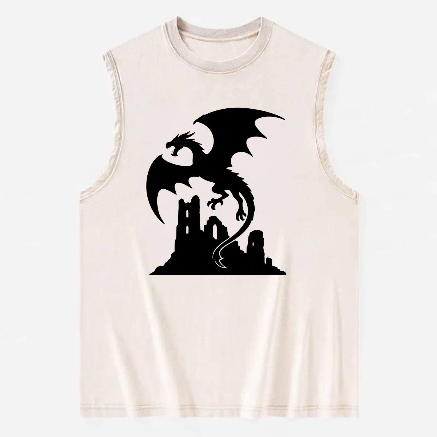 Dragon flying over castle ruins - Vintage Washed Tank - Beige