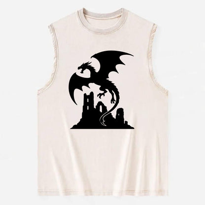 Dragon flying over castle ruins - Vintage Washed Tank - Beige