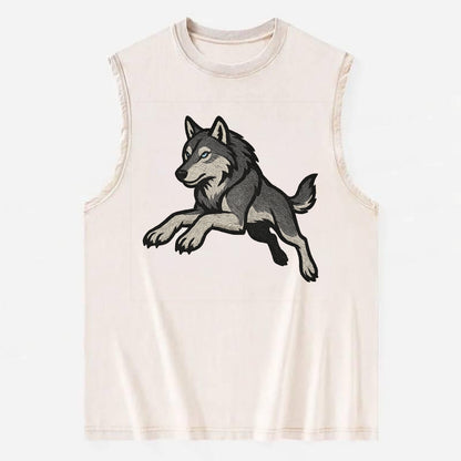 Wolf Leaping Action  - Vintage Washed Tank - Beige