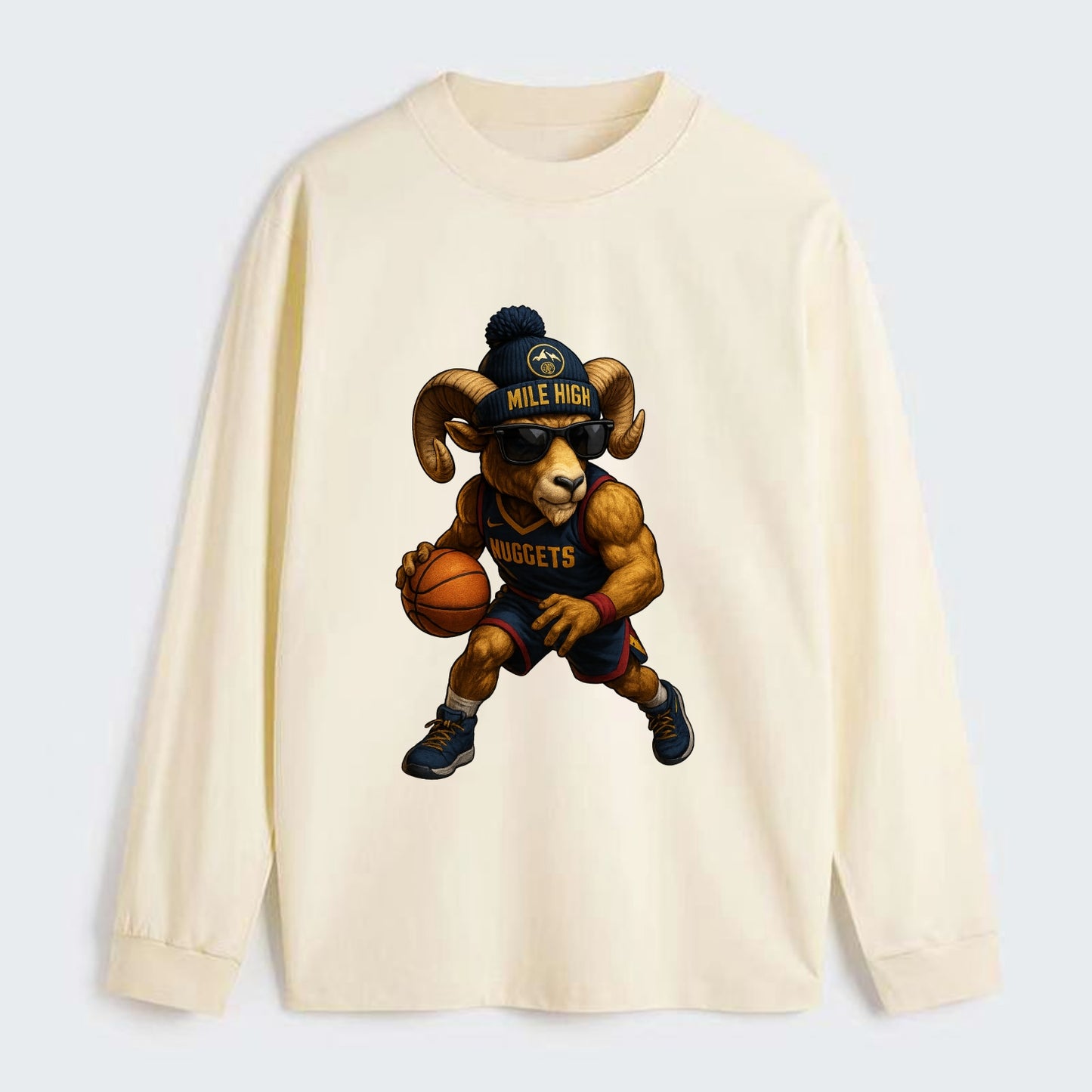 Mile High Bighorn wearing Nuggets beanie with mountain patch and - Classic Long Sleeve Shirt - Beige