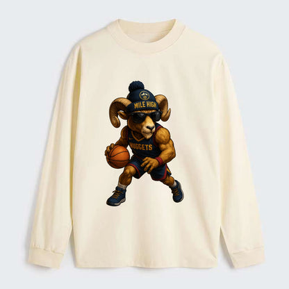 Mile High Bighorn wearing Nuggets beanie with mountain patch and - Classic Long Sleeve Shirt - Beige