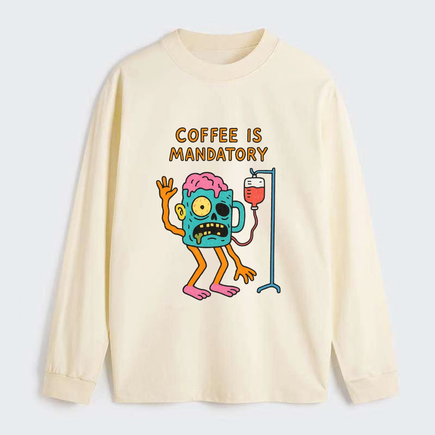 COFFEE IS MANDATORY | Zombie mug with IV drip - Classic Long Sleeve Shirt - Beige