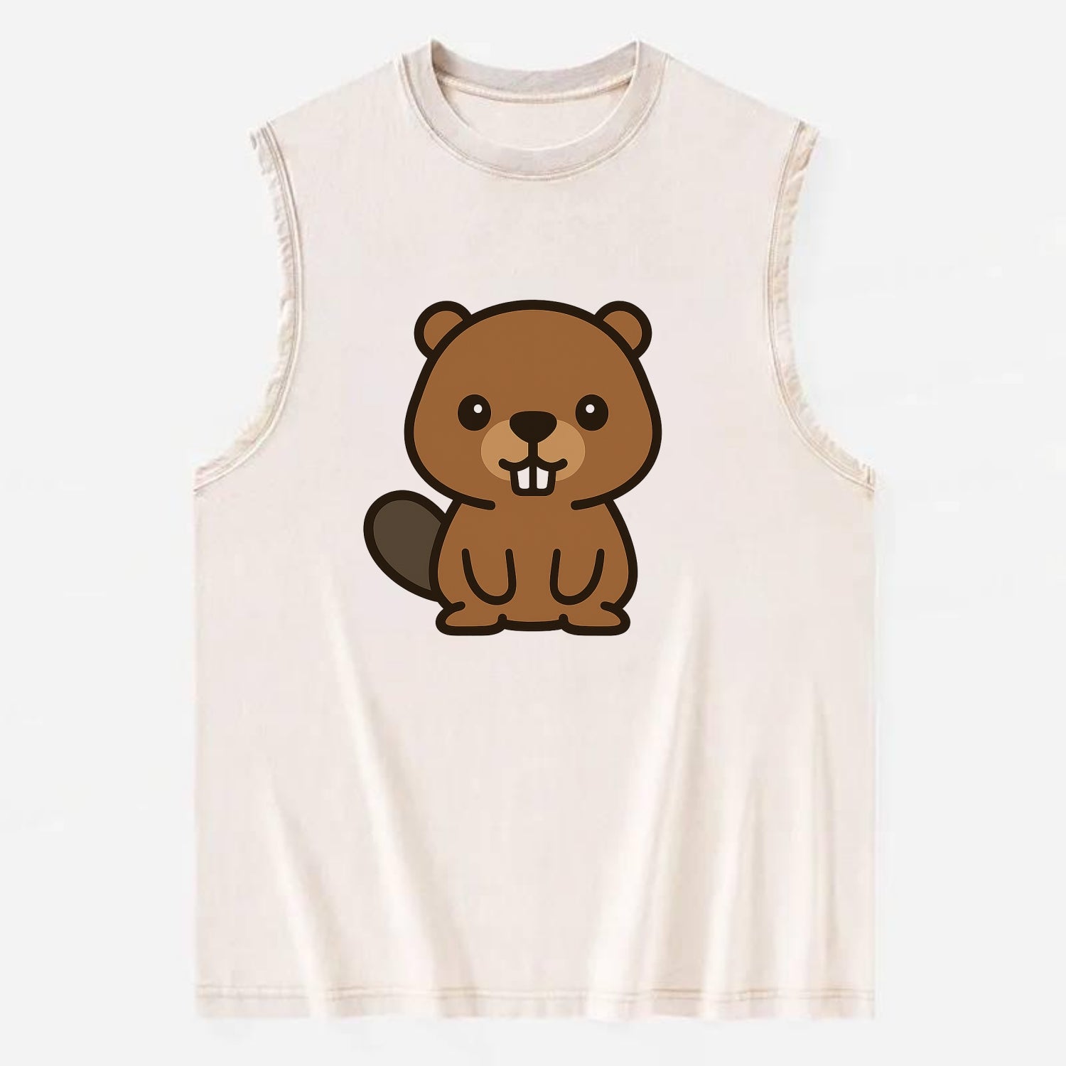 Baby Beaver - brown fur, paddle tail, buck teeth, friendly eyes, - Vintage Washed Tank - Beige