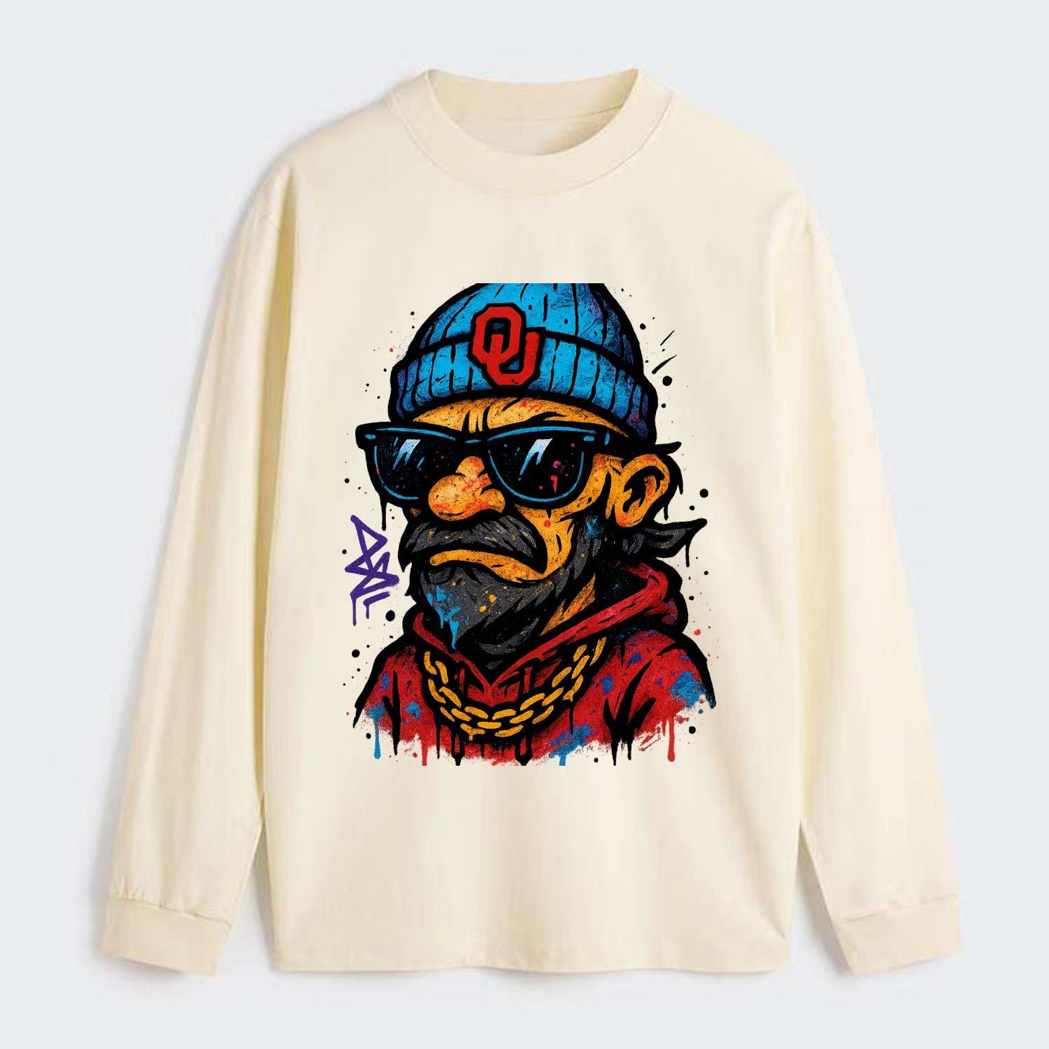 Norman Sooner wearing Oklahoma beanie with OU patch - Classic Long Sleeve Shirt - Beige