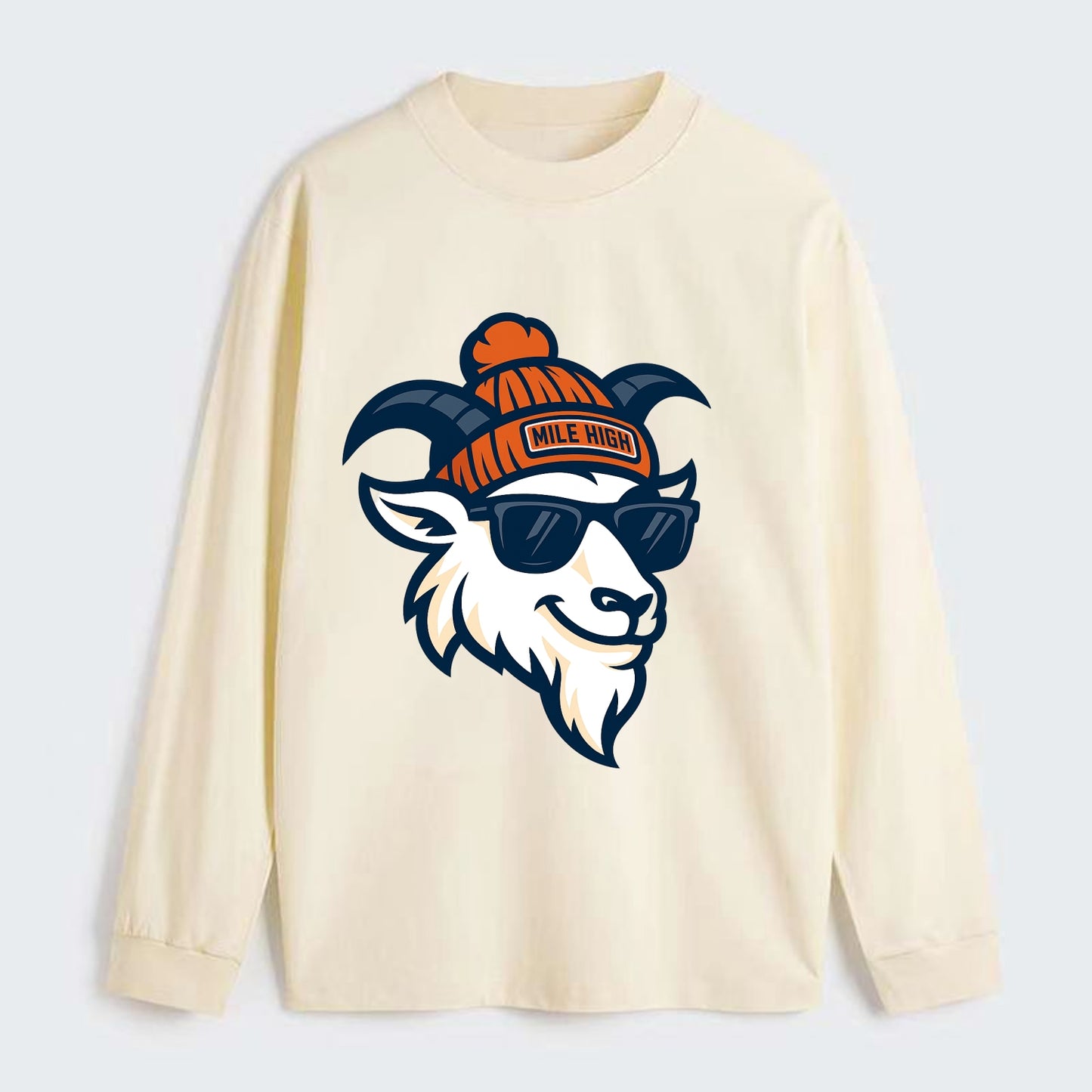 Denver Mountain Goat wearing Broncos beanie with Mile High patch and - Classic Long Sleeve Shirt - Beige